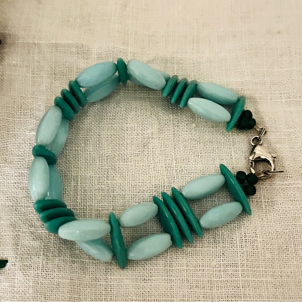 Vintage 925 Sterling Silver Turquoise Glass Double Strand Bracelet💫💫 7.5”